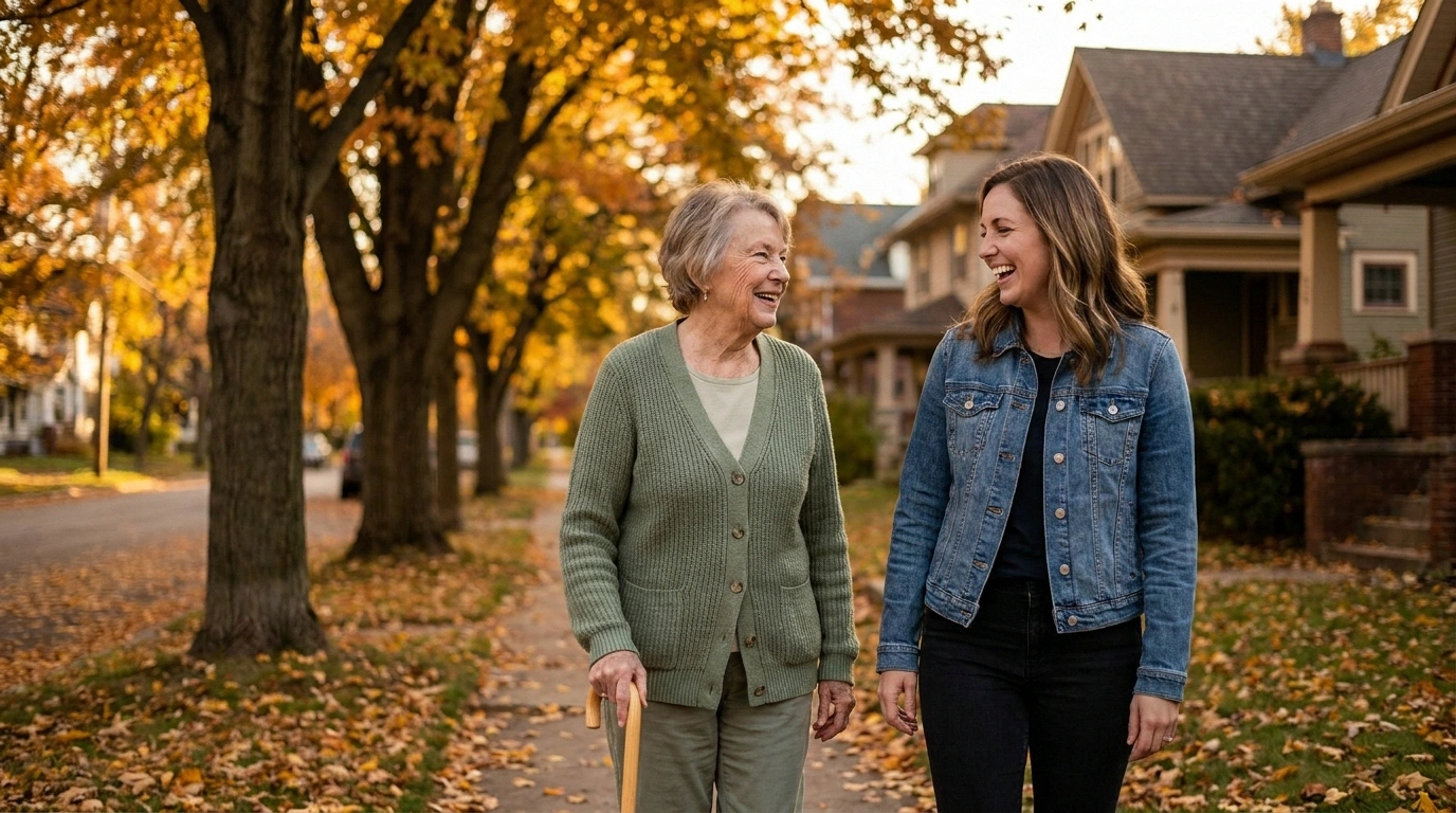 An older woman walks with a light cane alongside her adult daughter on a warm autumn residential sidewalk, illustrating the partial-recovery outcome most patients achieve after copper deficiency neuropathy treatment.