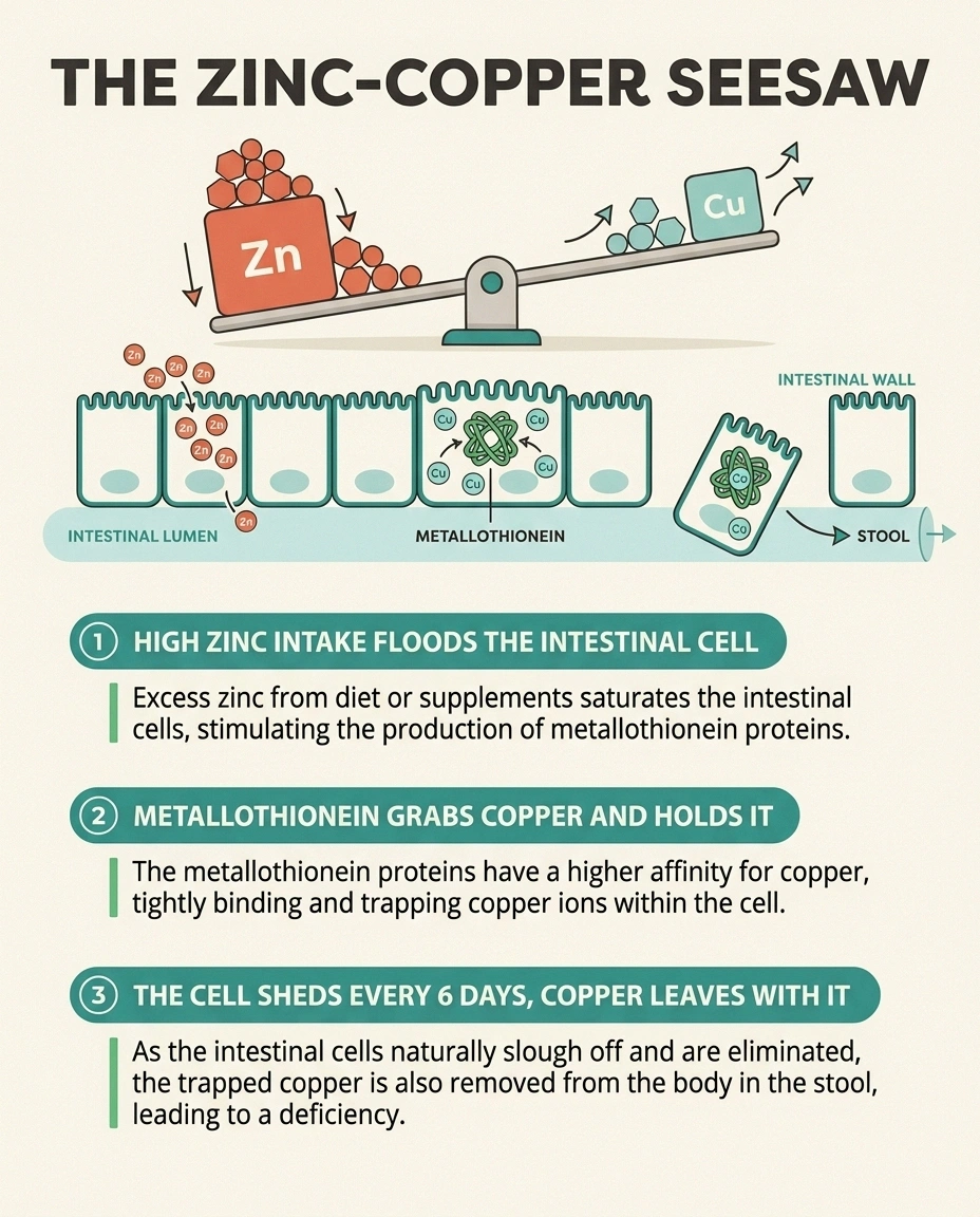 An infographic showing the zinc-copper seesaw mechanism: rising zinc intake drives copper out of the body through metallothionein-bound intestinal cell shedding.