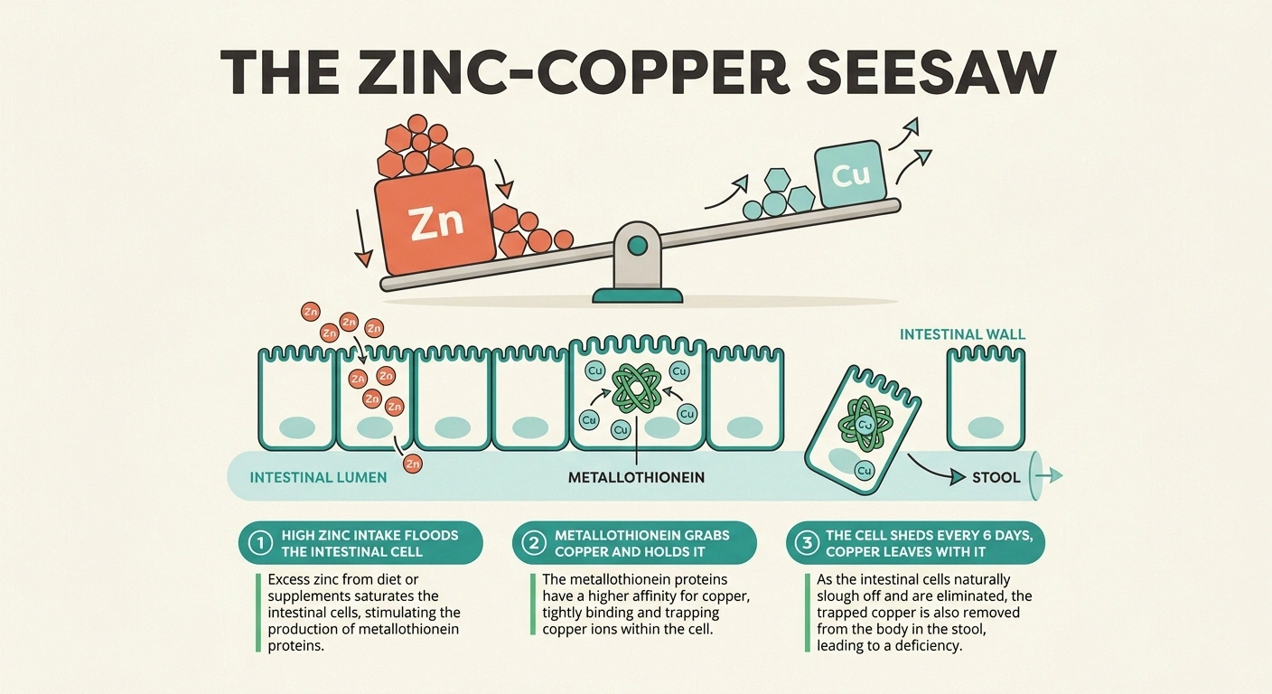 An infographic showing the zinc-copper seesaw mechanism: rising zinc intake drives copper out of the body through metallothionein-bound intestinal cell shedding.