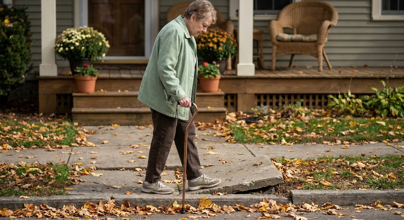 A mid-60s woman with a cane carefully navigates a small lip in a neighborhood sidewalk, illustrating the sensory ataxia and uneven-ground trouble of copper deficiency neuropathy.