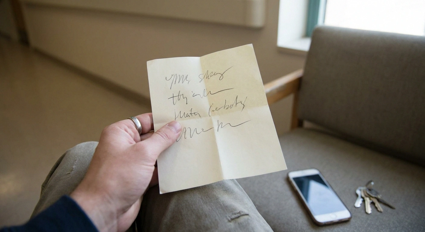 A hand holding a folded page with four handwritten questions in a waiting room