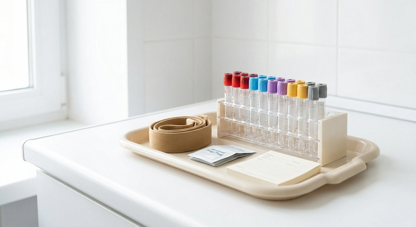 A rack of empty blood collection tubes with coloured stoppers on a bright clinic counter