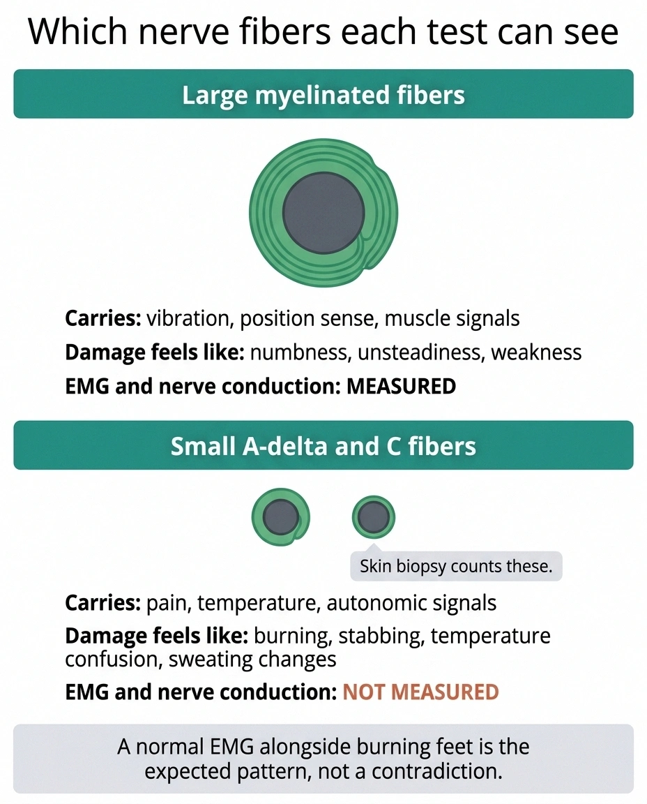 Diagram comparing large myelinated nerve fibers measured by EMG with small fibers that are not