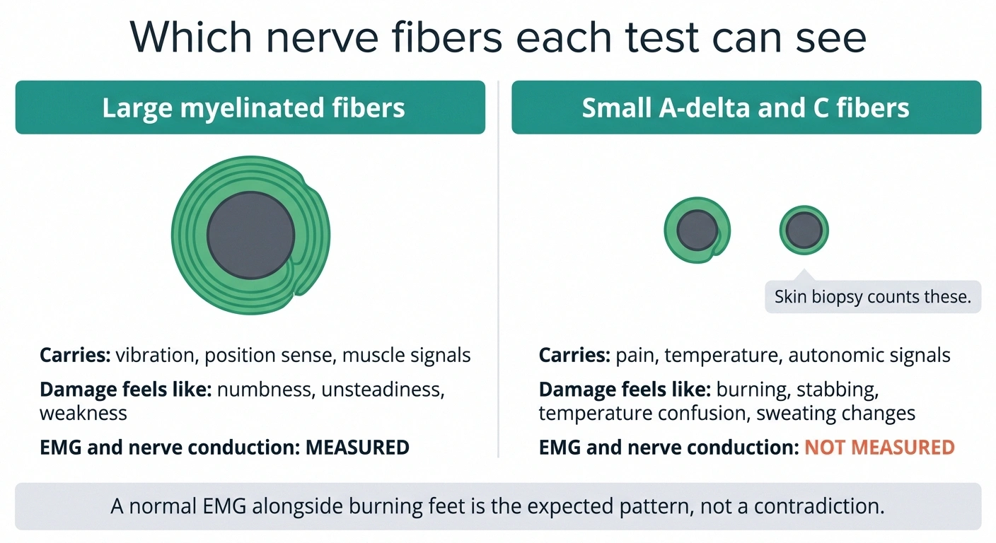 Diagram comparing large myelinated nerve fibers measured by EMG with small fibers that are not