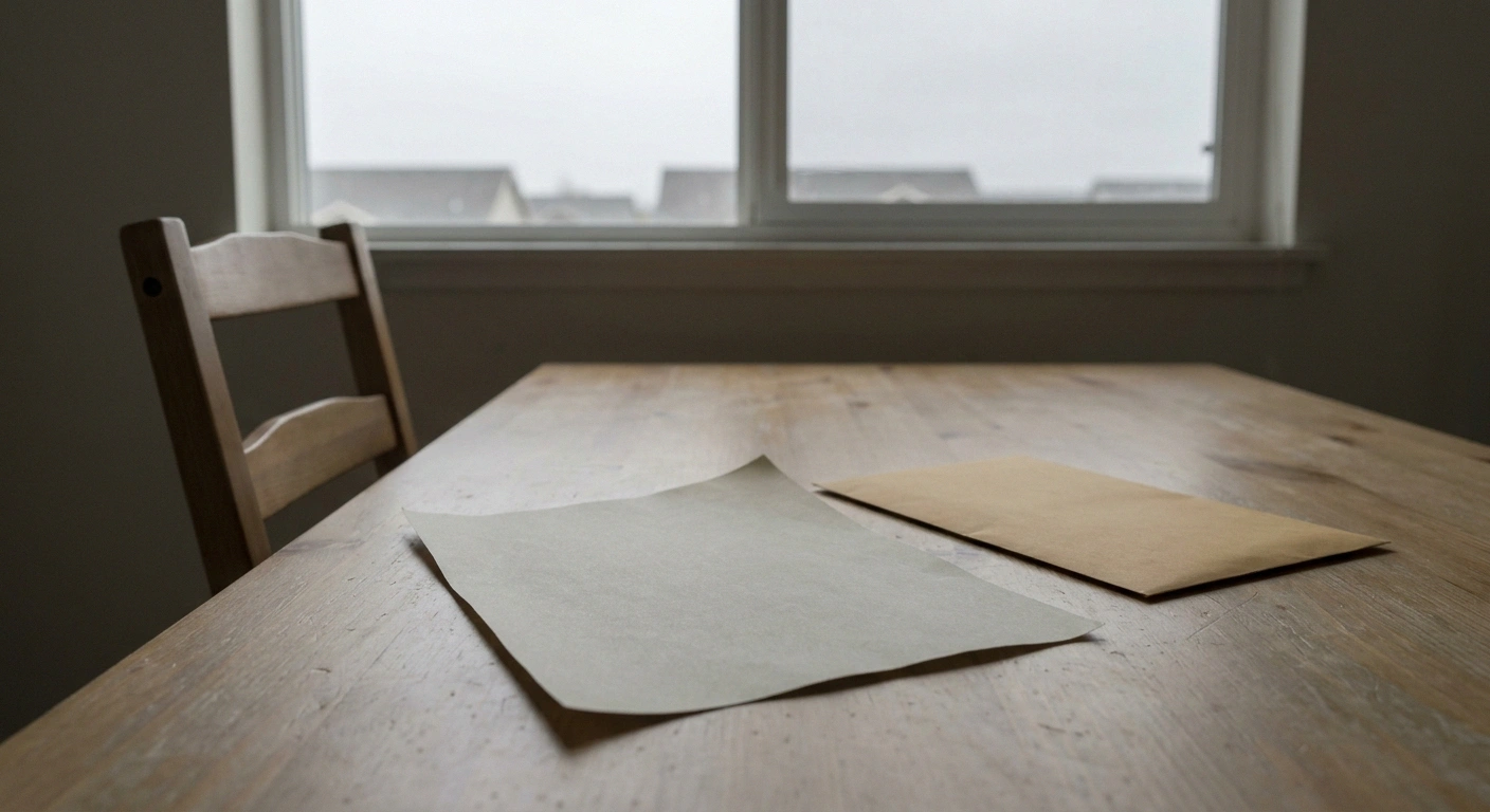 A face-down lab result sheet and unopened envelope on an otherwise empty kitchen table