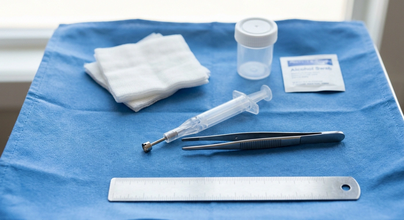 A sterile tray with a small punch biopsy tool, forceps, gauze and a specimen pot