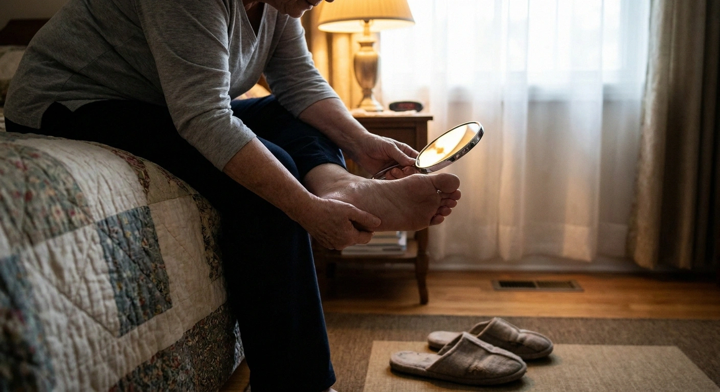 An older adult using a handheld mirror to inspect the sole of a bare foot