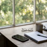 A kitchen table with notebook, glasses and coffee lit by soft morning window light
