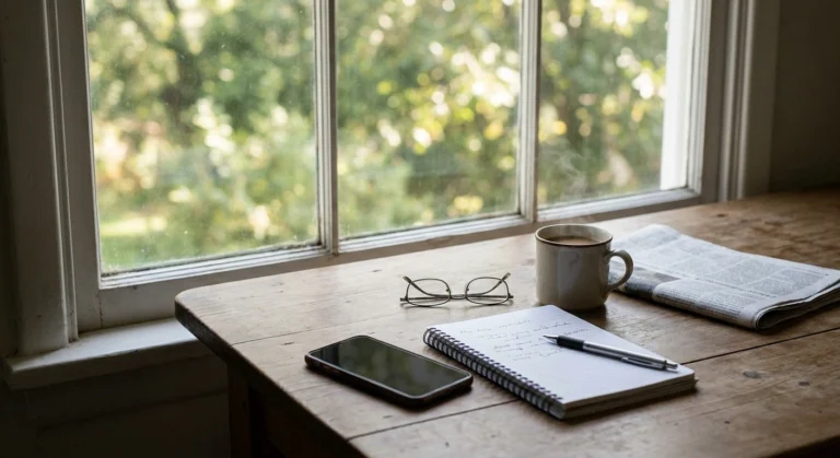 A kitchen table with notebook, glasses and coffee lit by soft morning window light