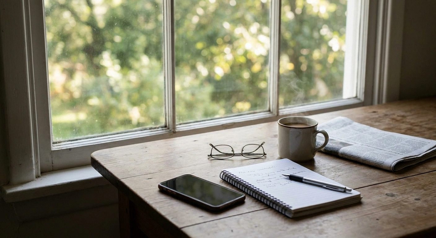 A kitchen table with notebook, glasses and coffee lit by soft morning window light