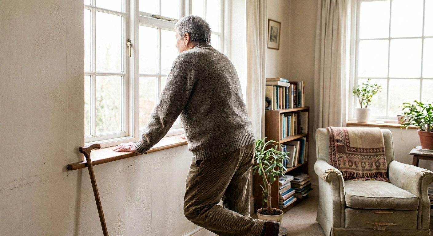 An older adult standing at a bright window with a walking stick resting nearby