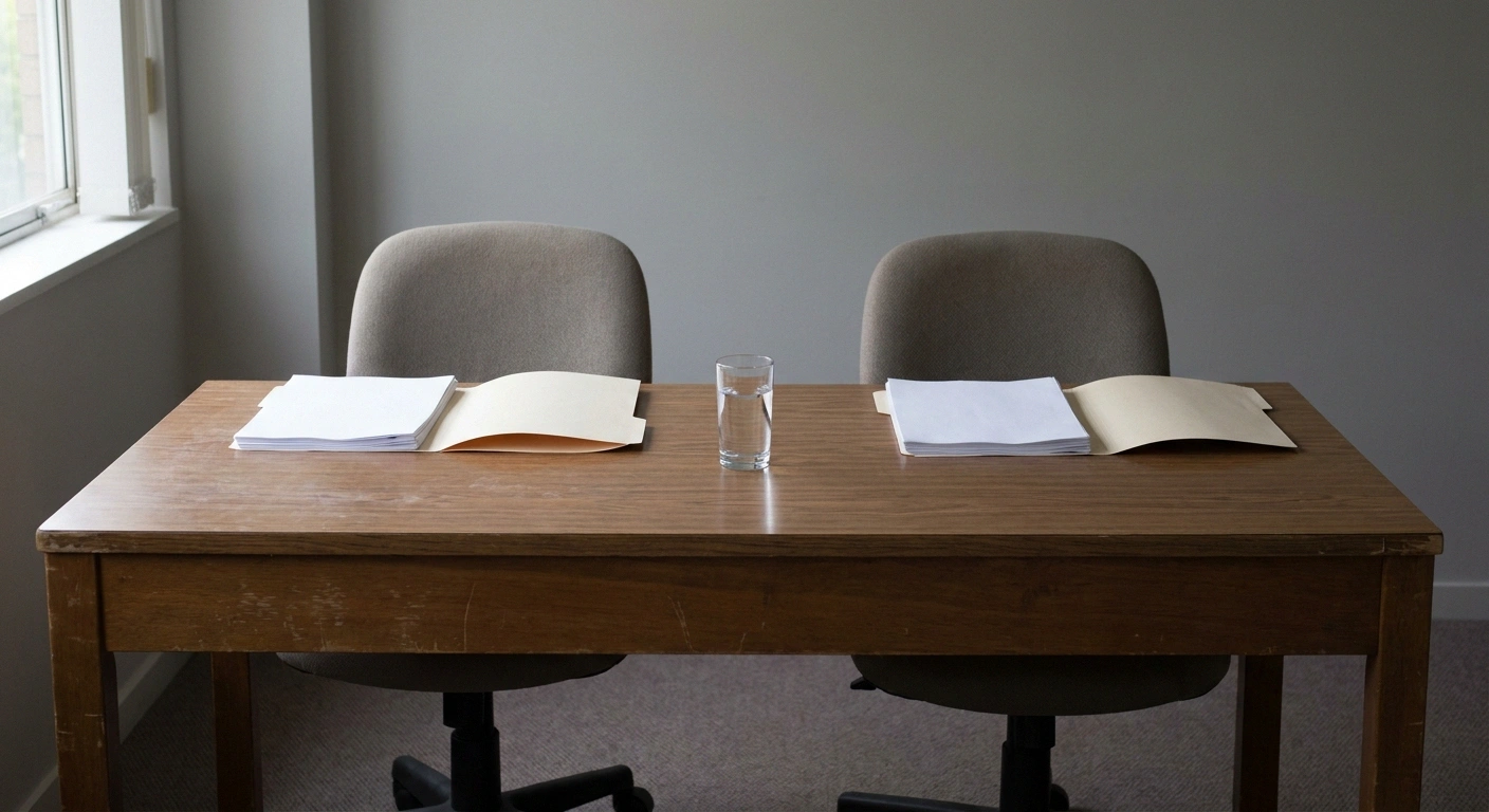 Two empty chairs at a table with two separate stacks of paperwork and a gap between