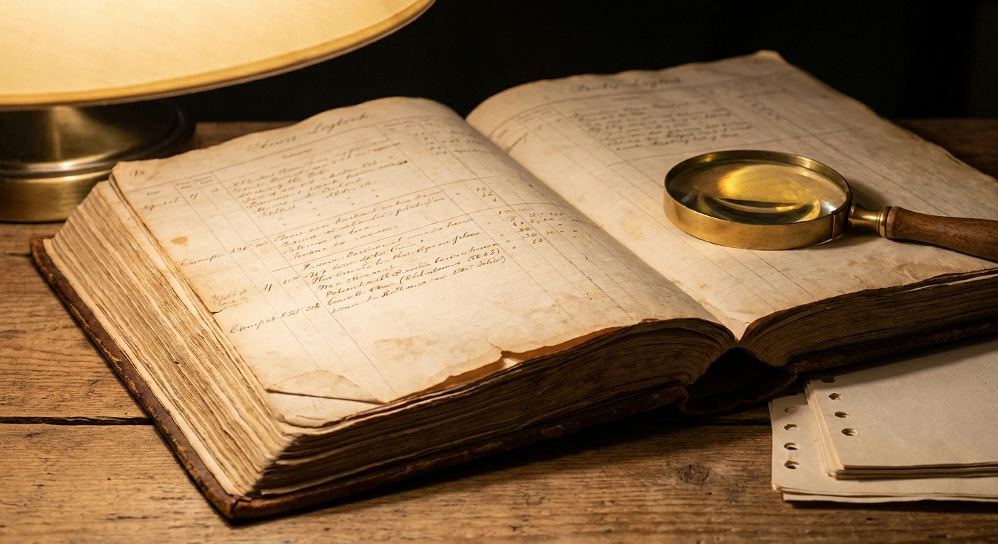 An open archival logbook with faded handwritten columns and a magnifying glass