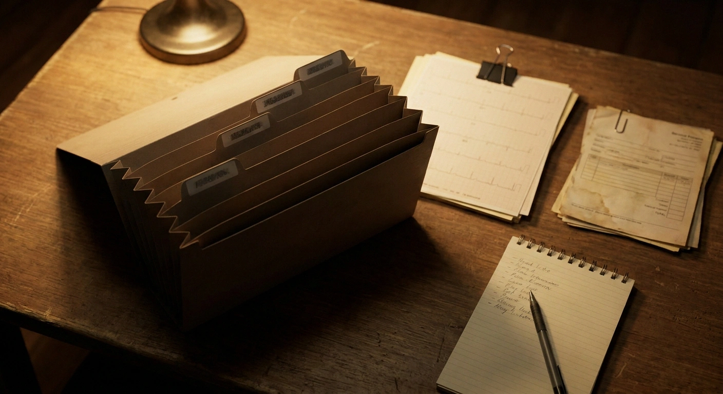 An expanding folder, clipped document stacks and a notepad assembled on a wooden table