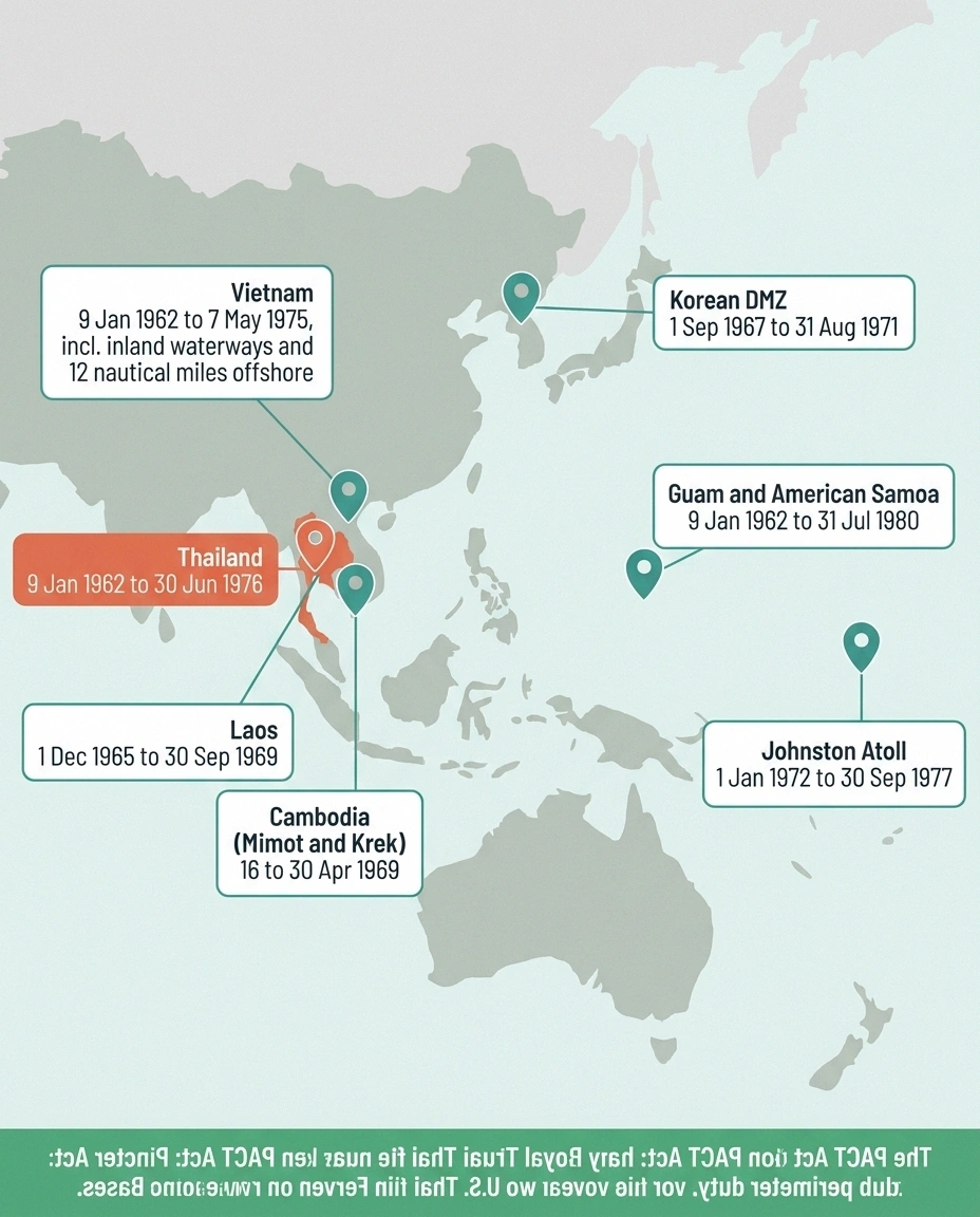 Map of seven Agent Orange presumptive exposure locations with their qualifying date ranges