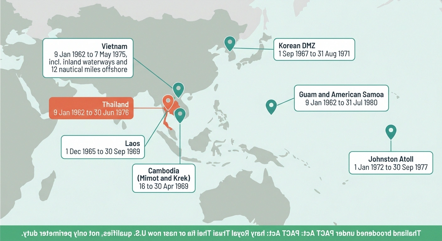 Map of seven Agent Orange presumptive exposure locations with their qualifying date ranges