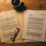 Two documents, reading glasses and a folder spread on a wooden table under lamplight
