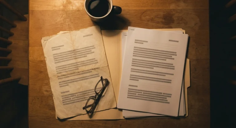 Two documents, reading glasses and a folder spread on a wooden table under lamplight