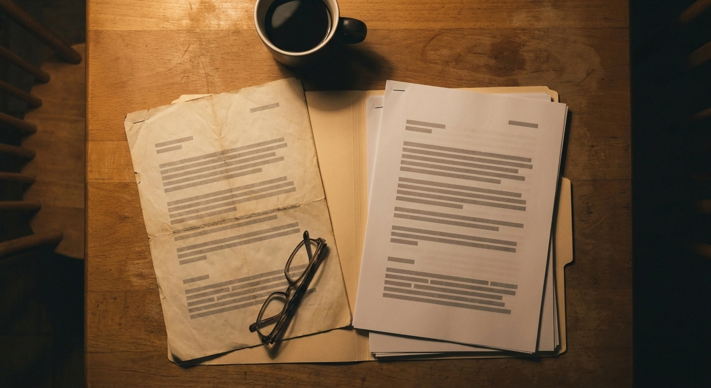 Two documents, reading glasses and a folder spread on a wooden table under lamplight