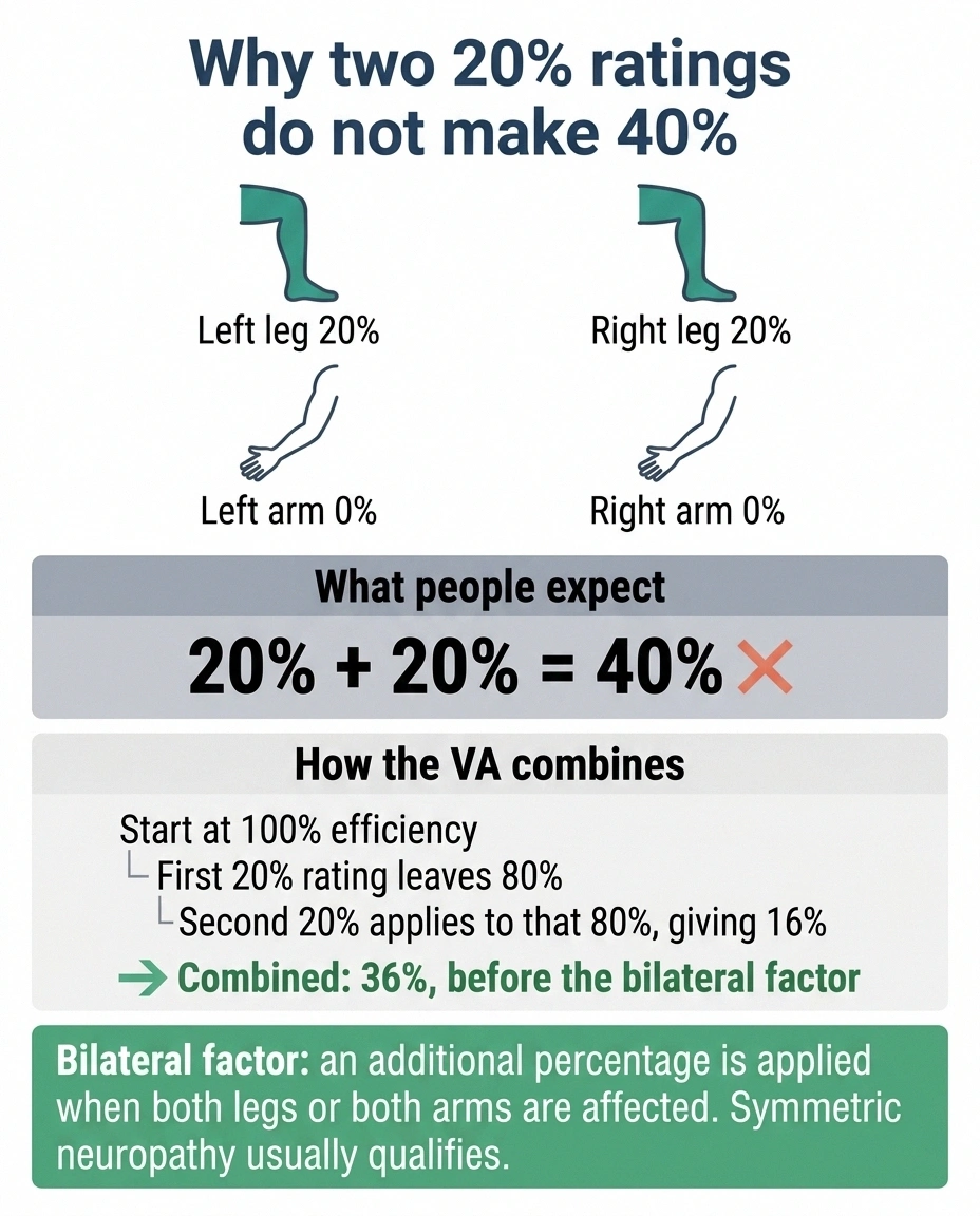 Diagram showing why VA combines two twenty percent ratings into thirty-six percent