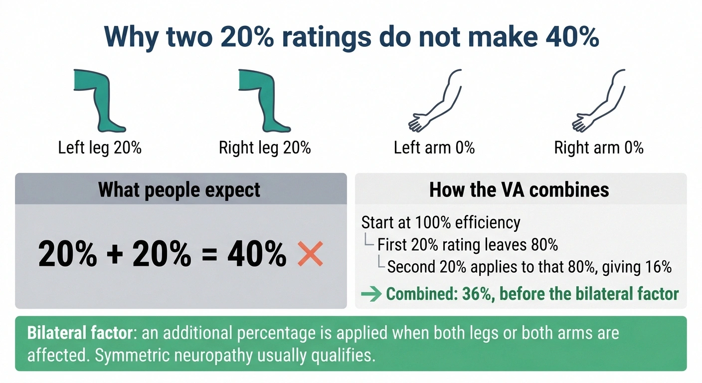 Diagram showing why VA combines two twenty percent ratings into thirty-six percent