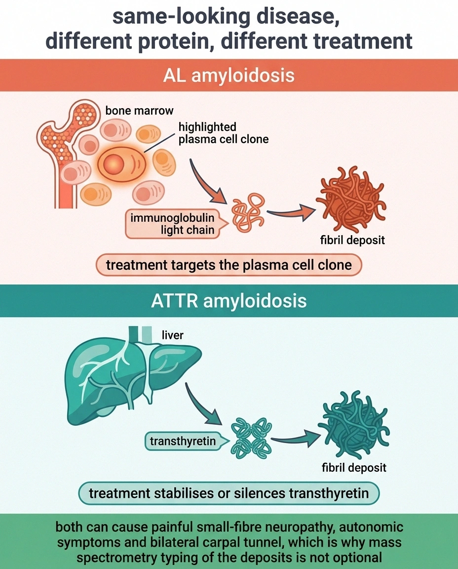 Split diagram contrasting AL amyloidosis from bone marrow with ATTR from the liver.