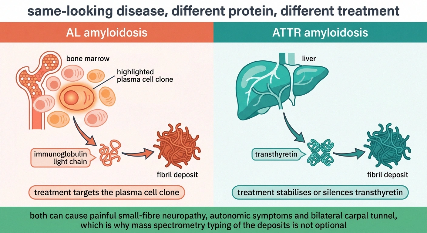 Split diagram contrasting AL amyloidosis from bone marrow with ATTR from the liver.