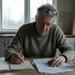 Man at a dining table writing a list beside several medical letters and summaries.