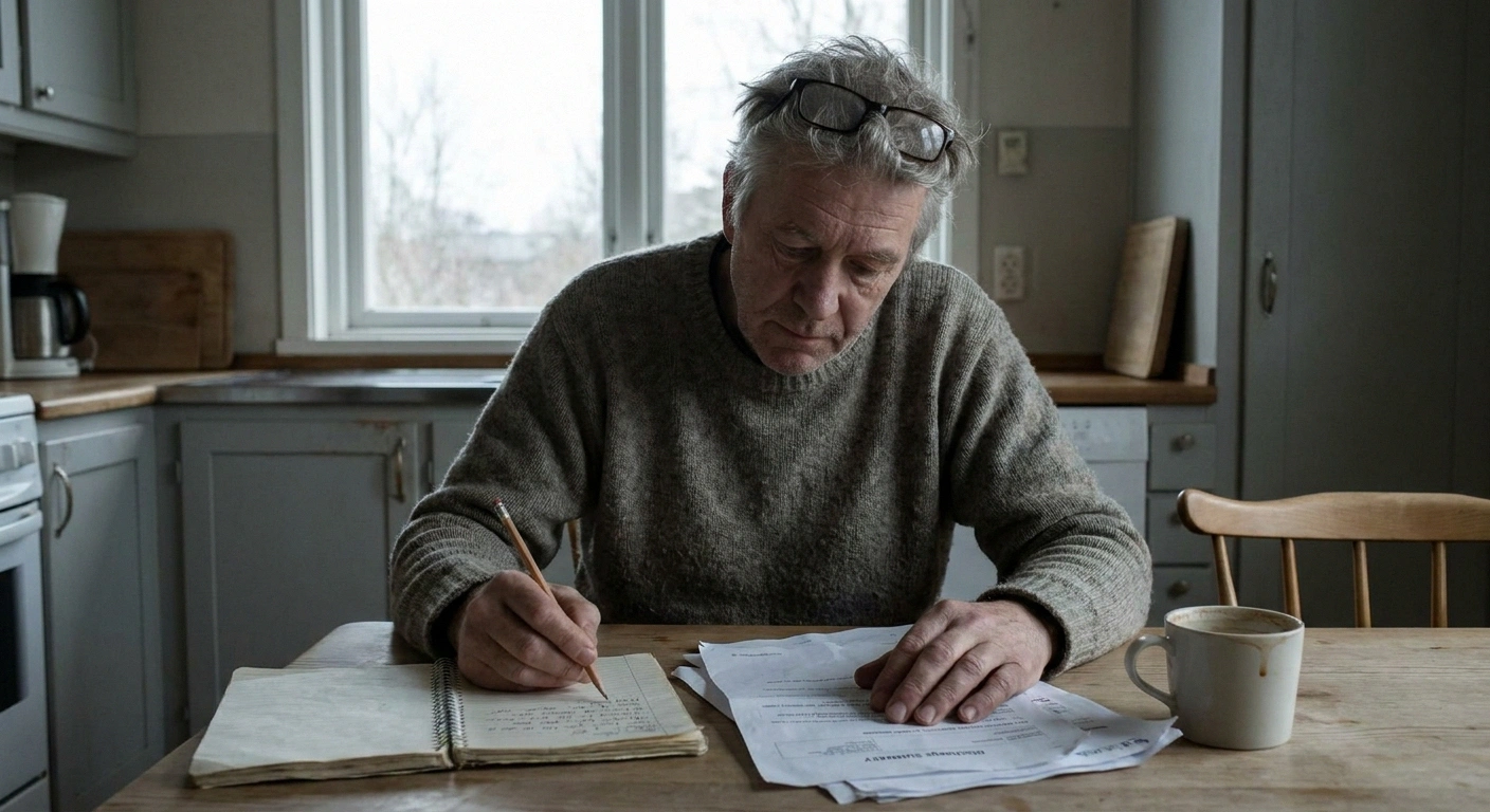 Man at a dining table writing a list beside several medical letters and summaries.