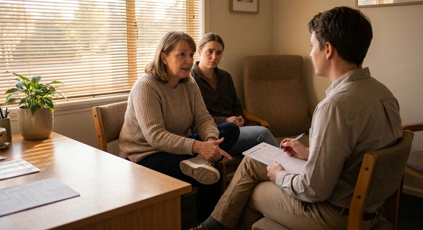 Patient describing foot symptoms to a clinician beside a printed treatment schedule.