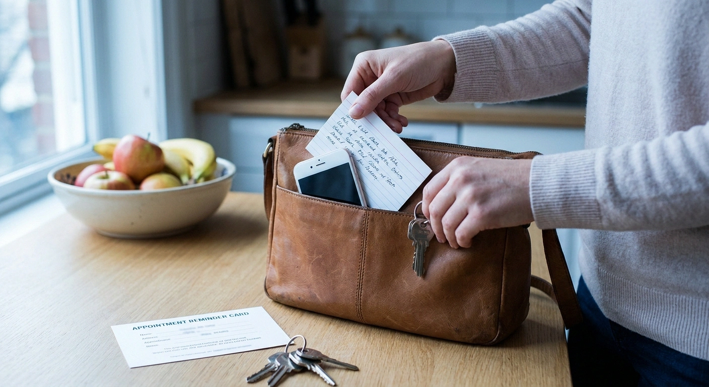 Hands tucking a short handwritten list into a handbag beside an appointment reminder.