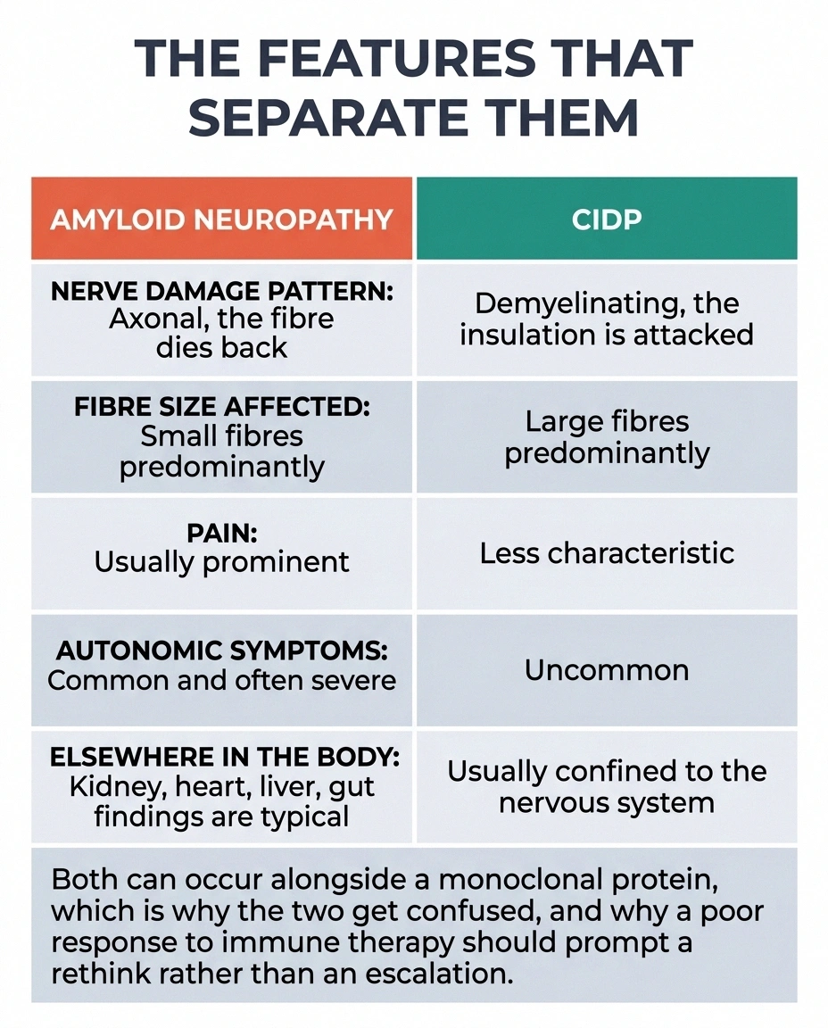 Two-column table comparing amyloid neuropathy and CIDP across five distinguishing features.