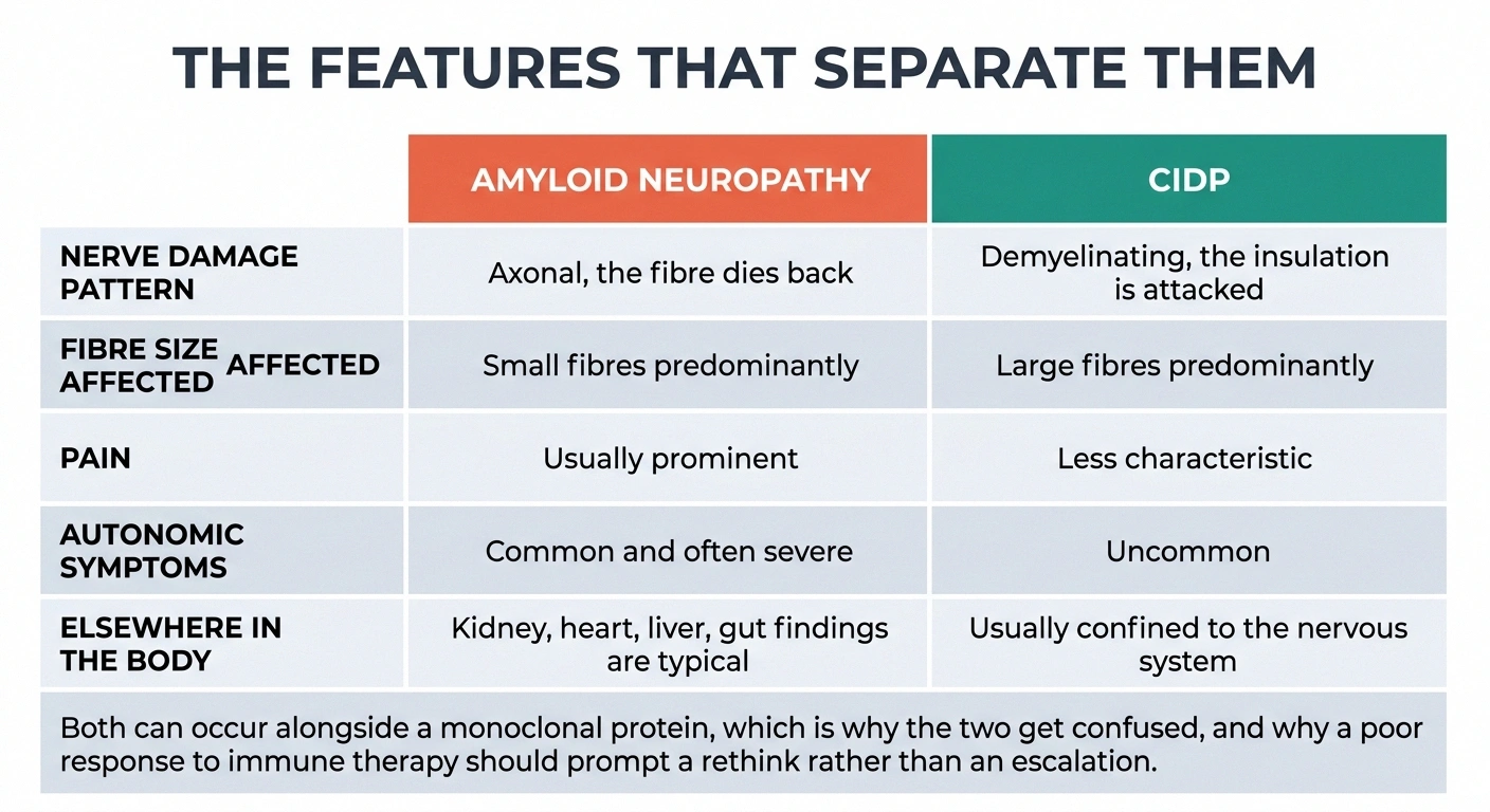 Two-column table comparing amyloid neuropathy and CIDP across five distinguishing features.