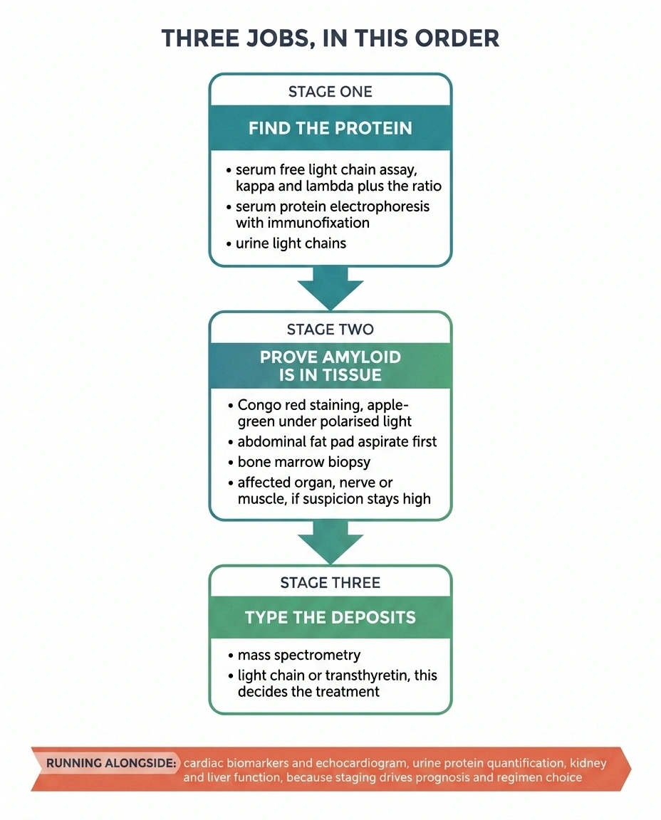 Three-stage flow diagram of the amyloidosis workup from blood tests to tissue typing.
