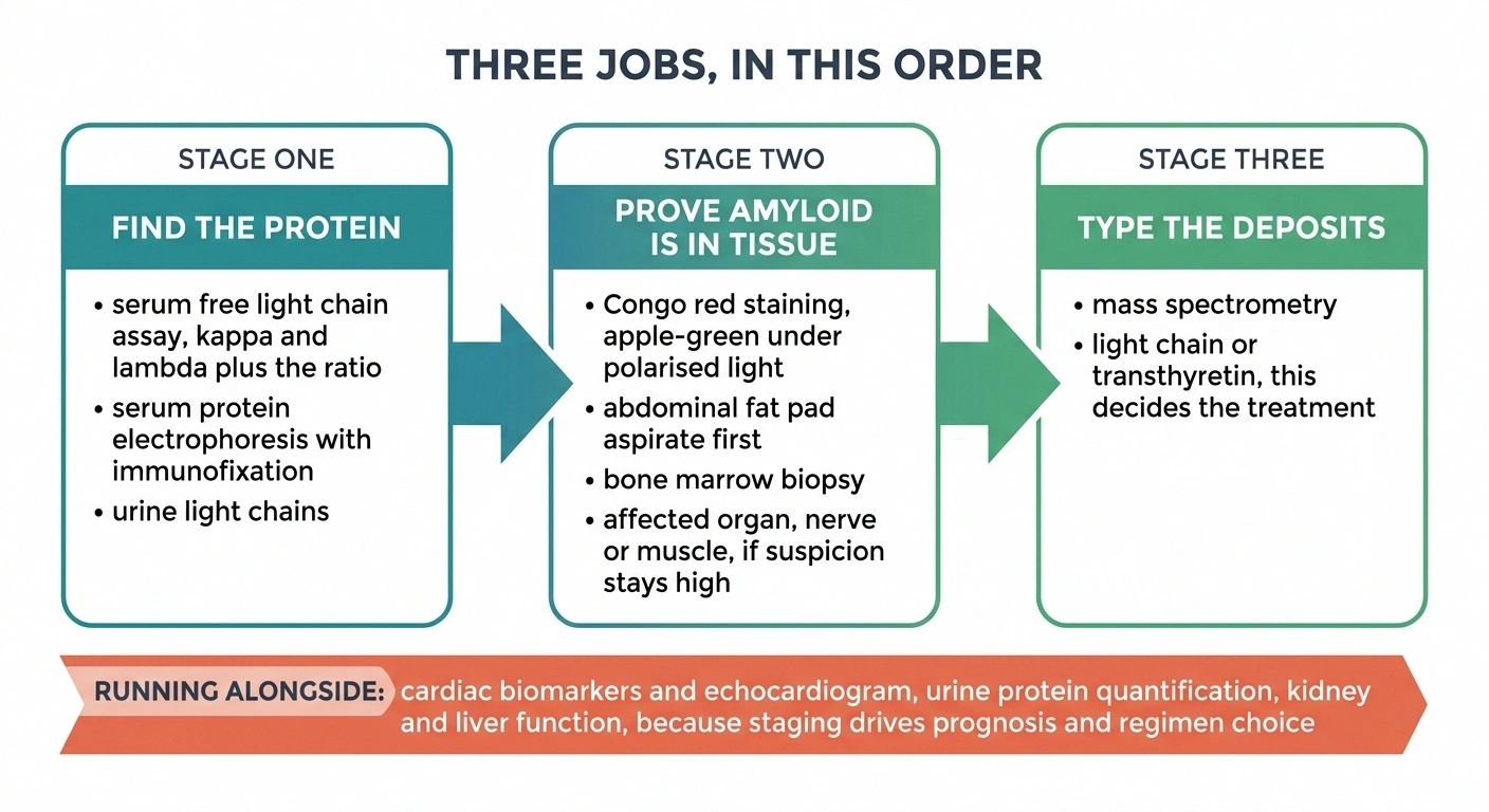 Three-stage flow diagram of the amyloidosis workup from blood tests to tissue typing.
