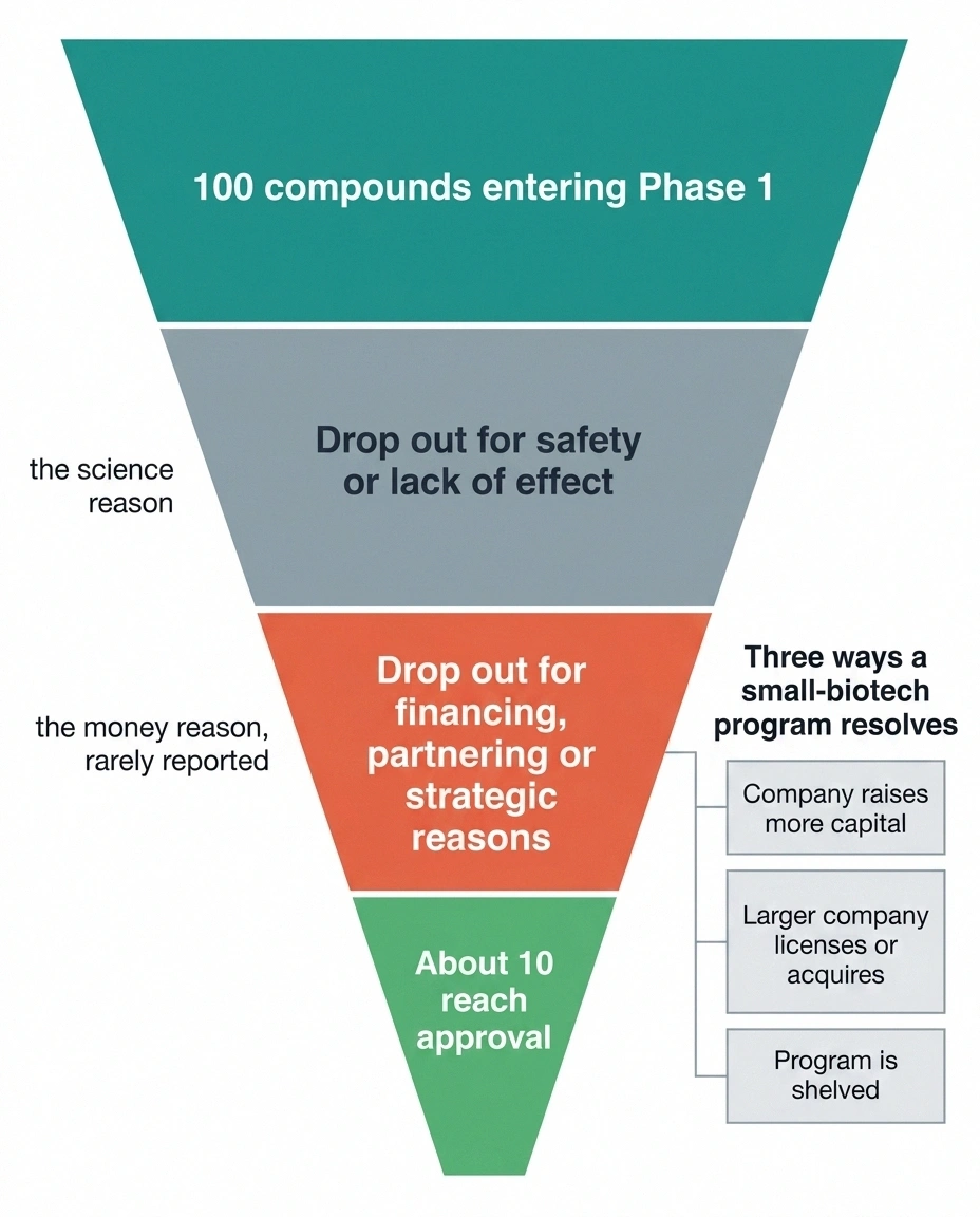 Funnel showing drug attrition from science reasons and from financing reasons