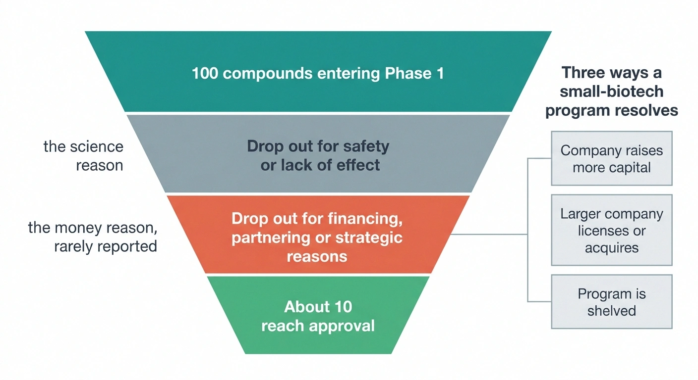 Funnel showing drug attrition from science reasons and from financing reasons