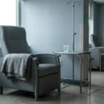 An empty hospital infusion chair beside a window in cool daylight