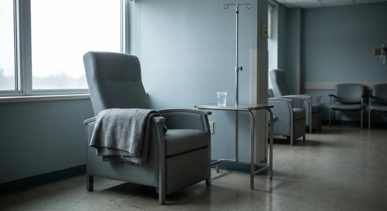 An empty hospital infusion chair beside a window in cool daylight