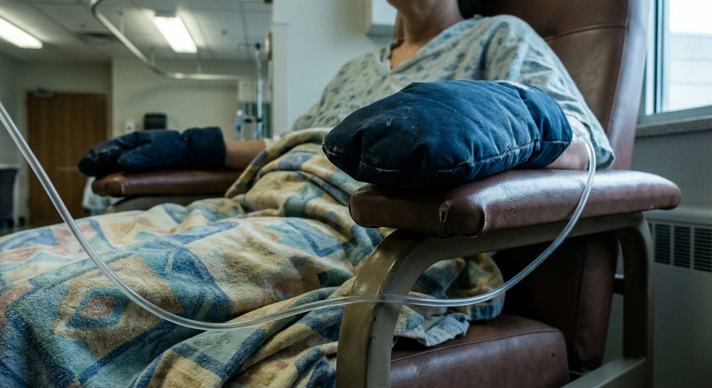 Hands in insulated cooling mitts resting on a treatment chair during infusion