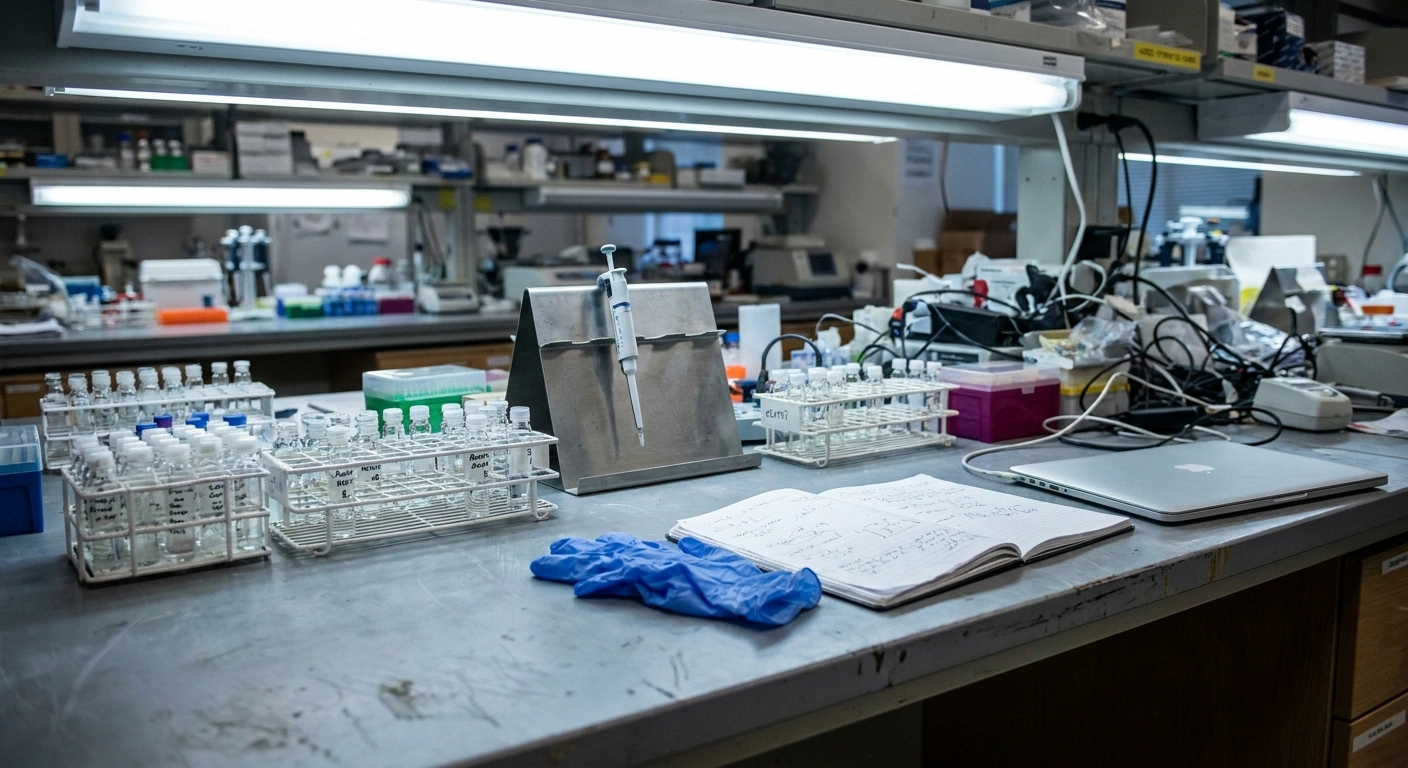 A working laboratory bench with vials, pipette and an open notebook