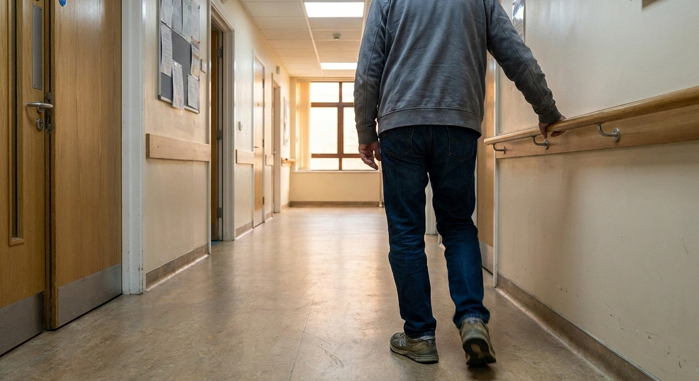 An adult walking a corridor with one hand resting lightly on a handrail