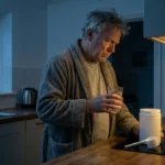 Man at a kitchen counter early morning looking at an open supplement tub