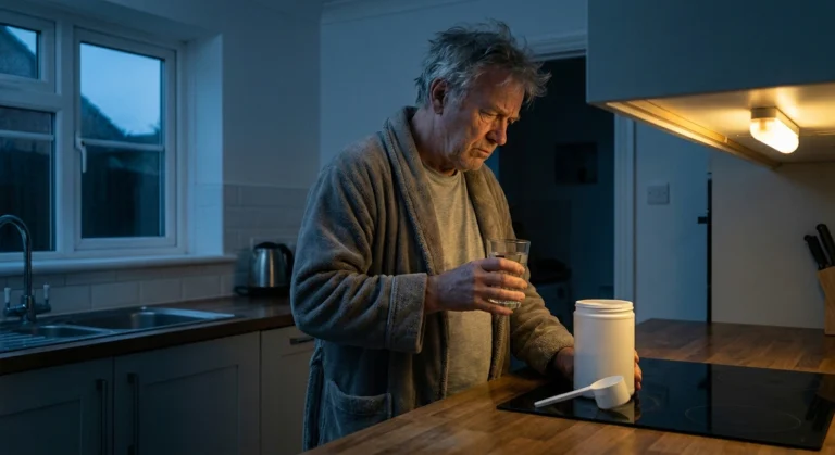Man at a kitchen counter early morning looking at an open supplement tub