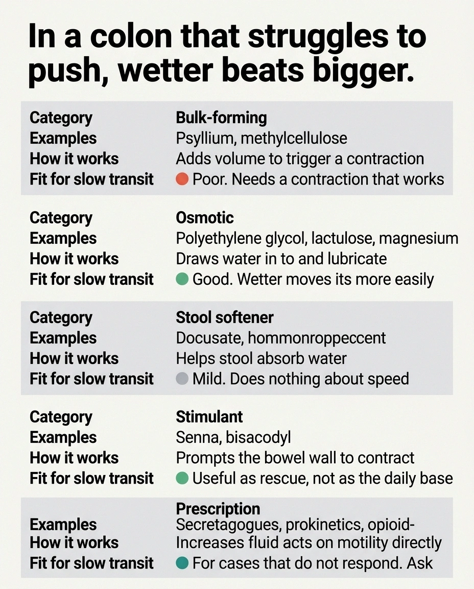 Comparison grid of five laxative categories and their fit for slow transit