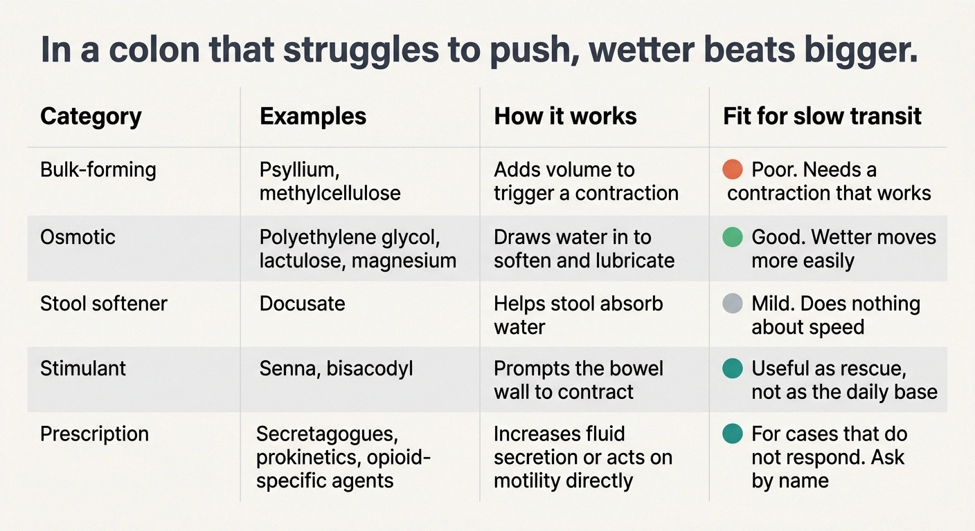 Comparison grid of five laxative categories and their fit for slow transit