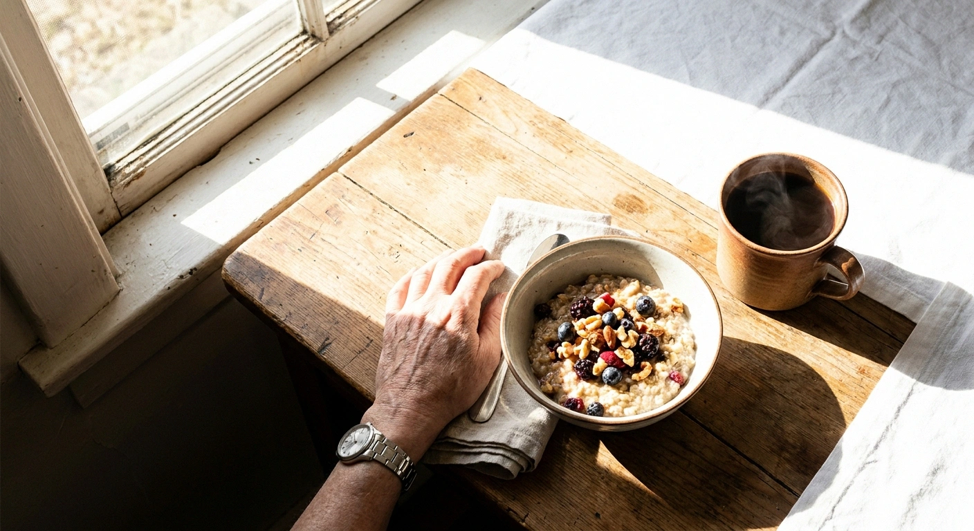 Breakfast bowl and coffee on a table in hard early morning sunlight