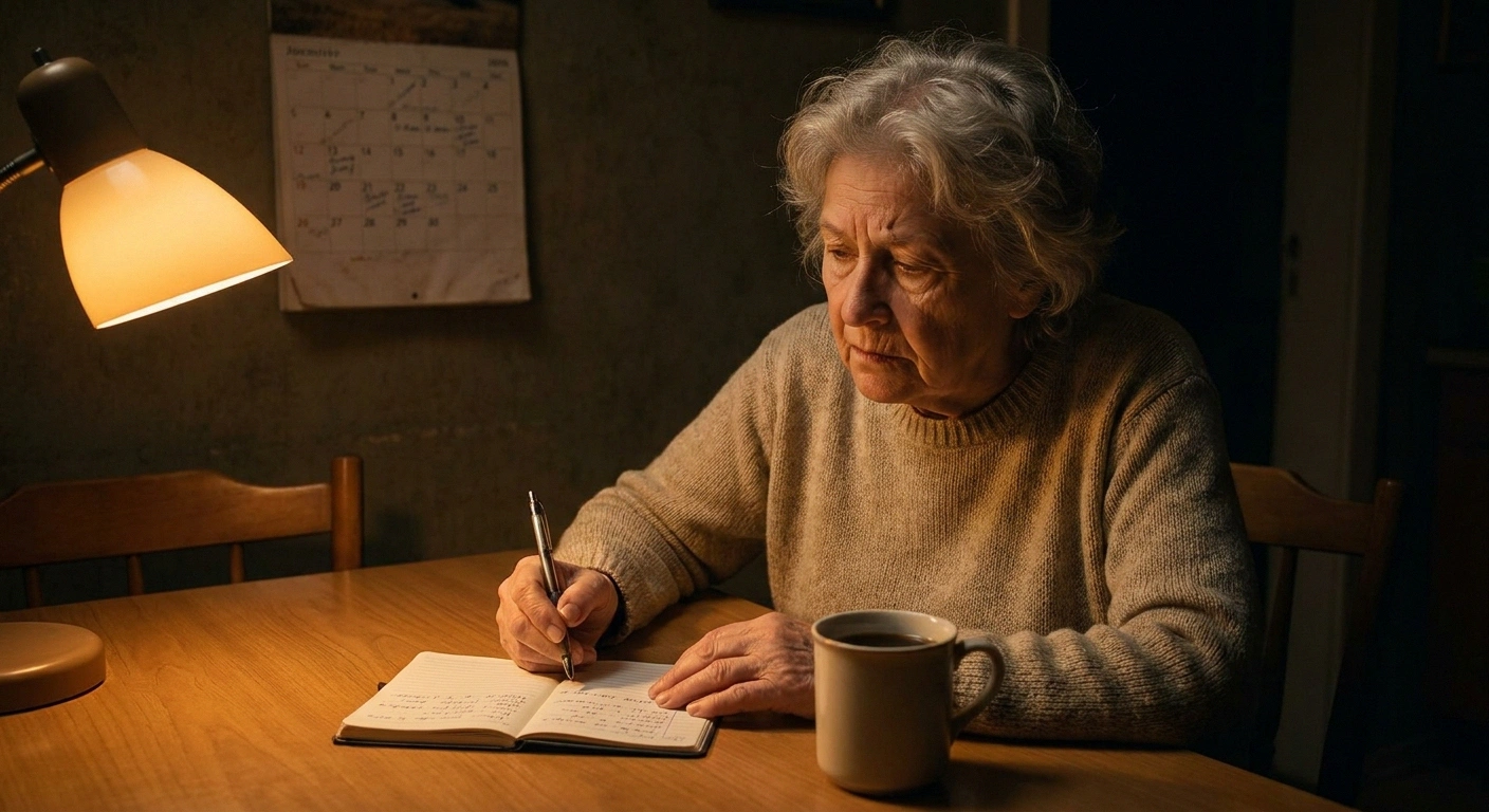 Older woman writing in a notebook at a dining table under warm lamplight