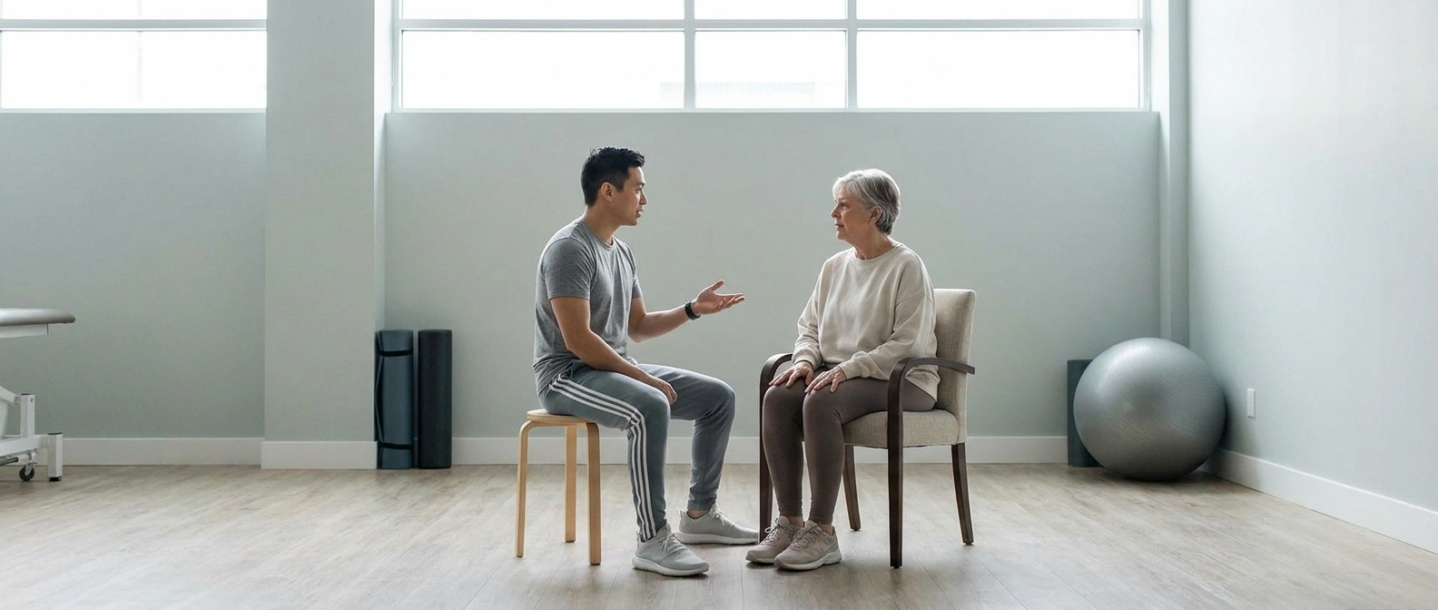 Physical therapist and patient talking in chairs in a bright therapy gym