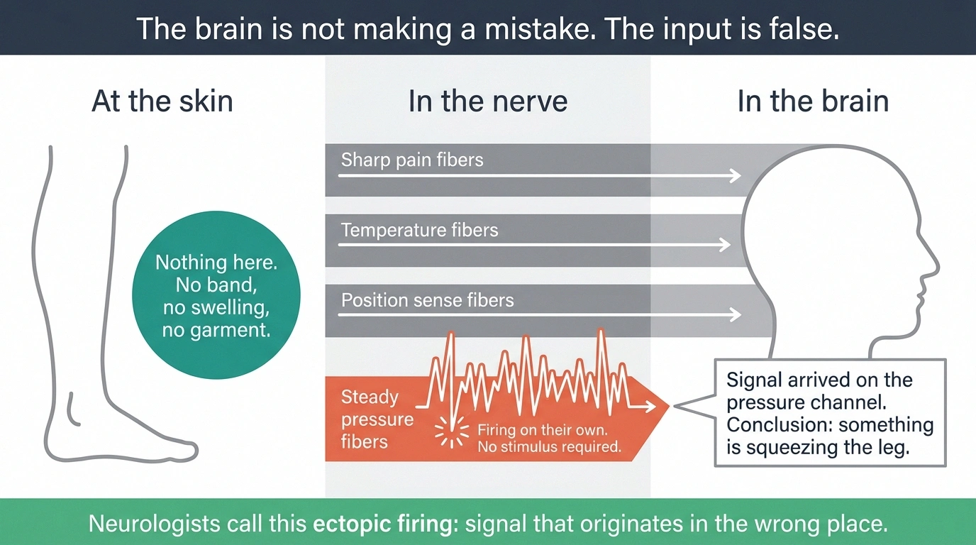 Diagram showing pressure nerve fibers firing without any stimulus at the skin